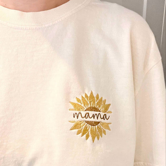 Mama Sunflower Embroidered Shirt Comfort Colors Ivory Tee | Mother’s Day Gift | Floral Mom Shirt | Boho Mama Shirt | Mom Gift