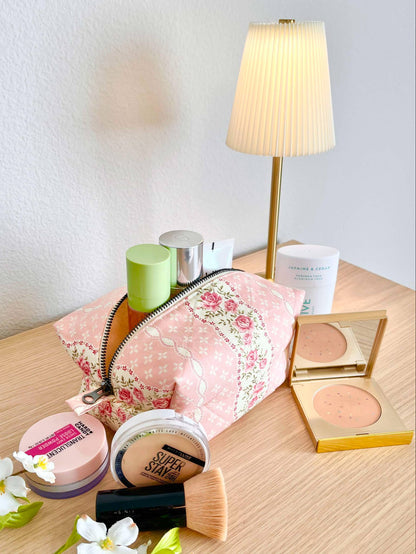 Handsewn Makeup Tote Bag | Small Zipper Cosmetic Pouch | Travel Toiletry Bag | Handmade Gift for Her | Floral Makeup Organizer Bag