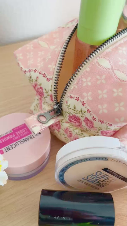 Handsewn Makeup Tote Bag | Small Zipper Cosmetic Pouch | Travel Toiletry Bag | Handmade Gift for Her | Floral Makeup Organizer Bag